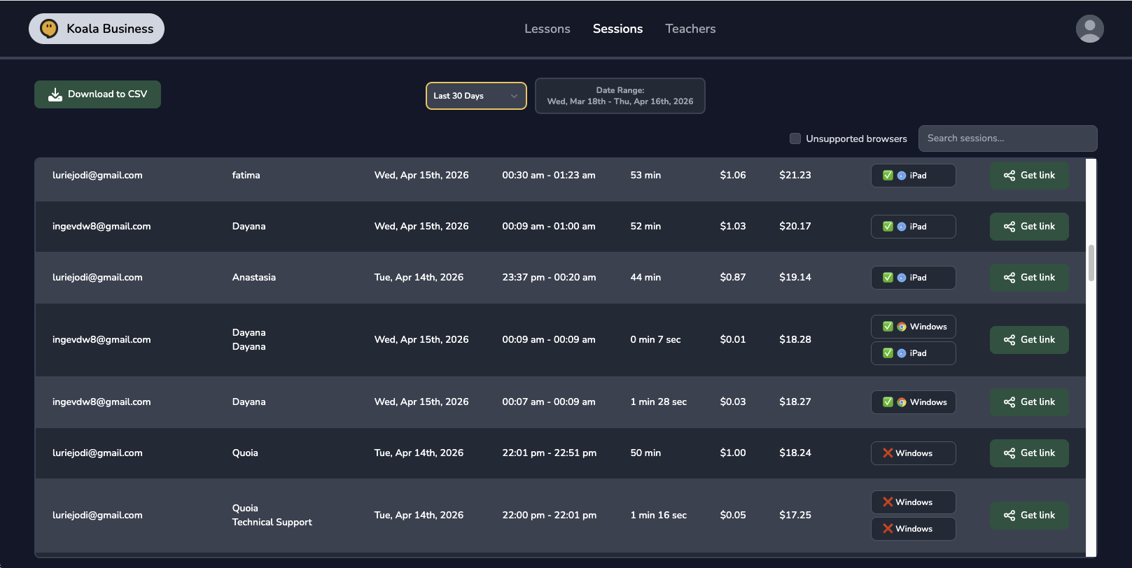 Koala Business admin dashboard with lessons, sessions, and teachers
