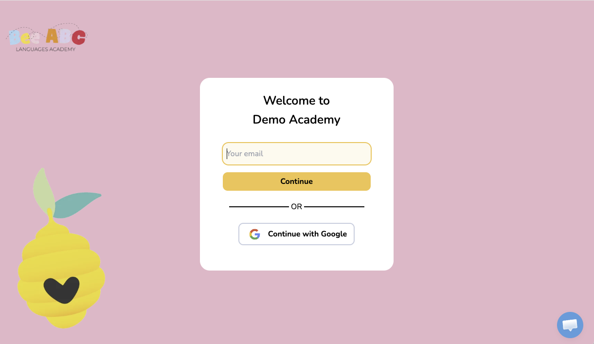 White-label login page showing Bee ABC Languages Academy branding